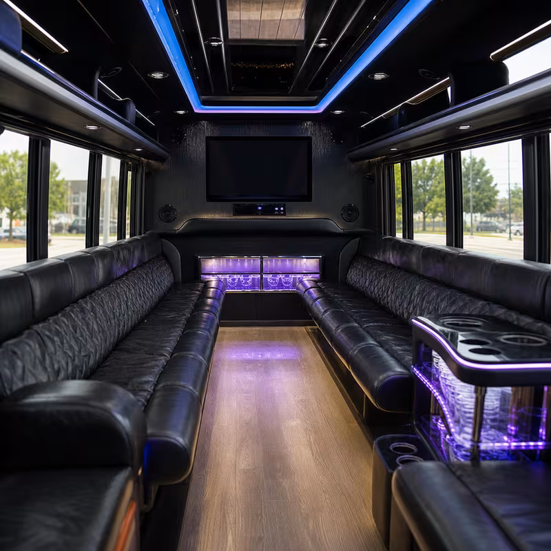Friends laughing during a Boca Raton party bus celebration