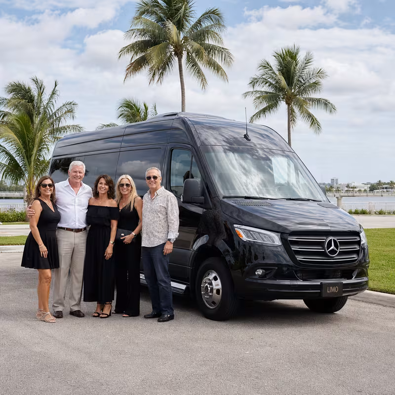 Group beside a Mercedes Sprinter limo from the Boca Raton fleet