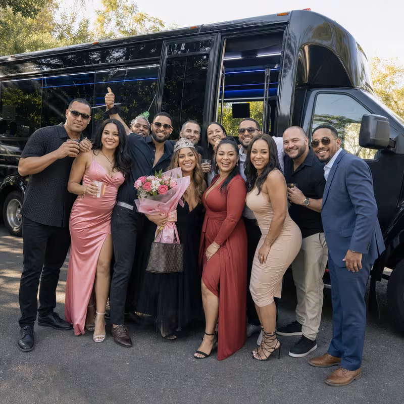 Group boarding a white charter bus for Birthday Transportation transportation in Boca Raton