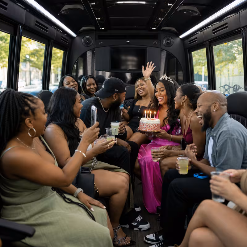Black Mercedes Sprinter van staged for an Boca Raton Birthday Transportation group