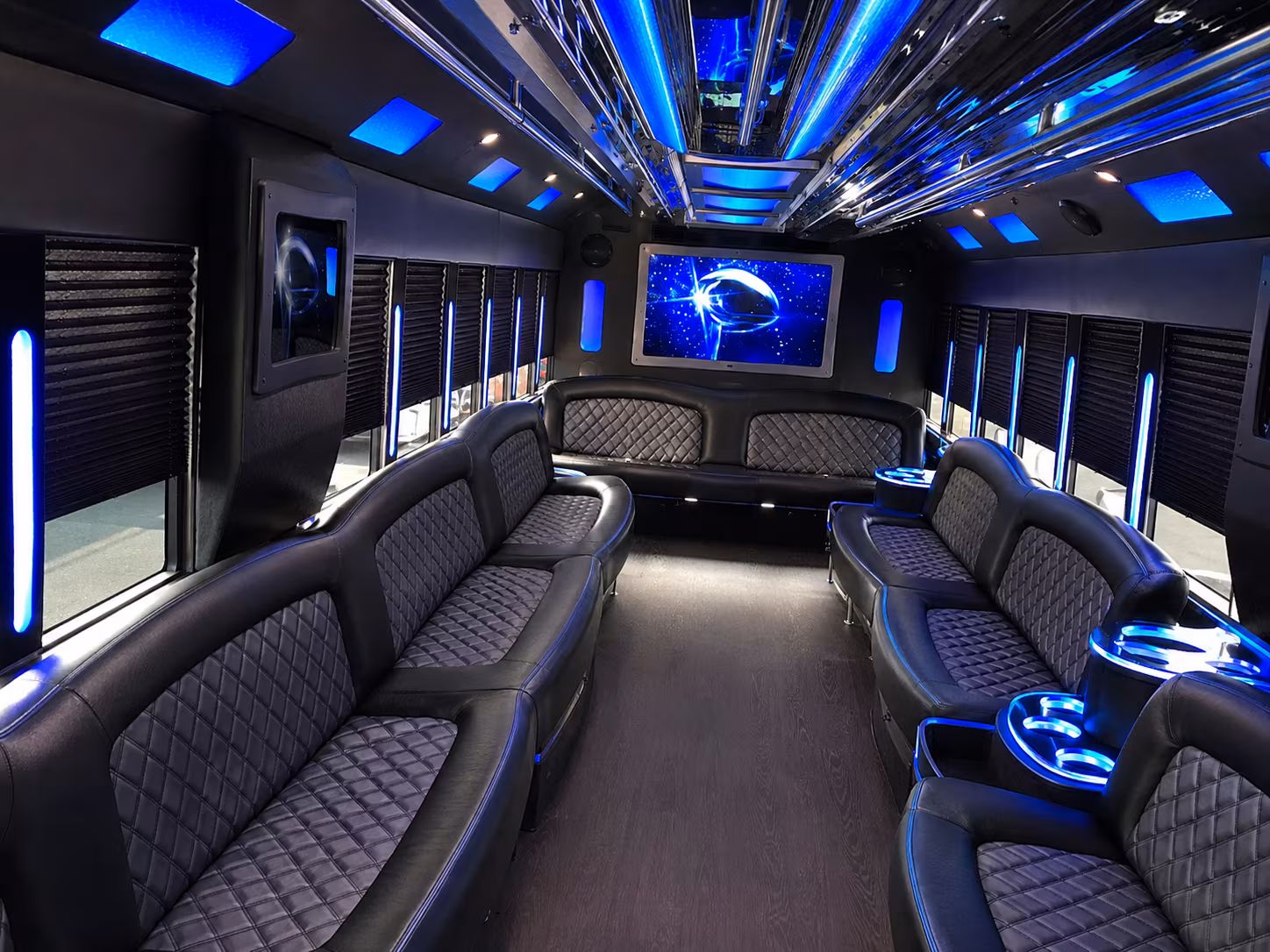 Interior of a party bus rental serving Boca Raton