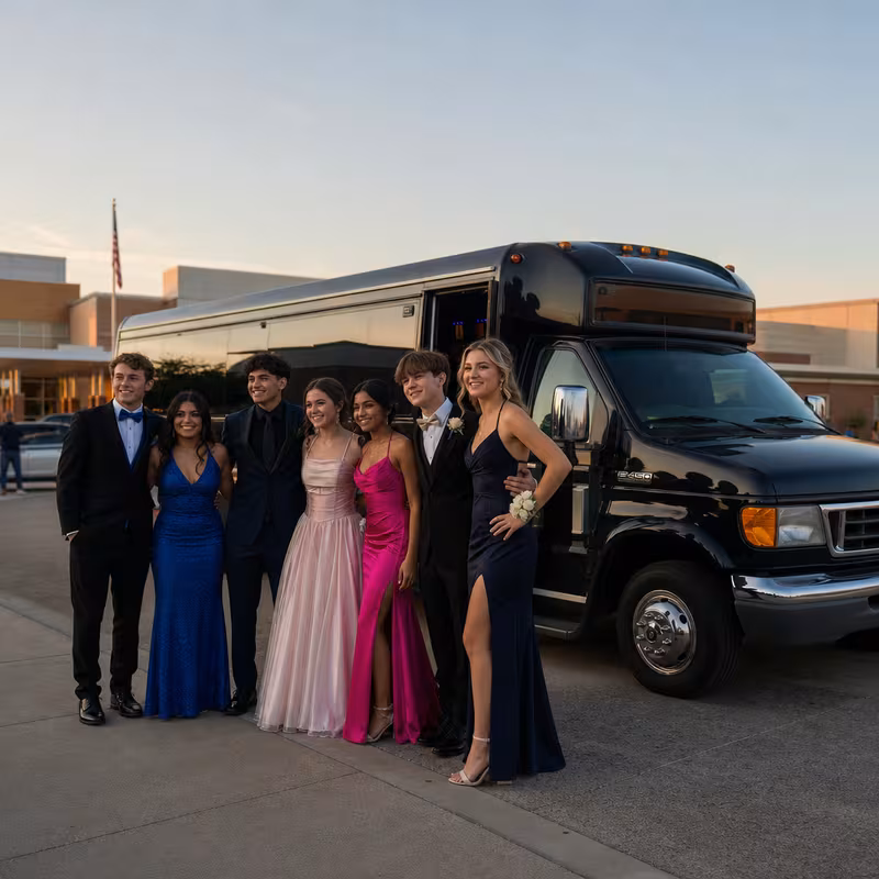 Group boarding a white charter bus for Prom & Homecoming Transportation transportation in Boca Raton