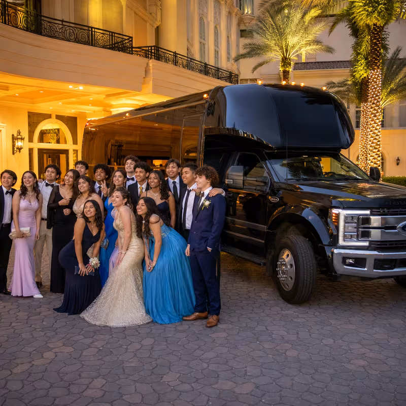 Party bus interior with wraparound leather seating and LED lighting in Boca Raton