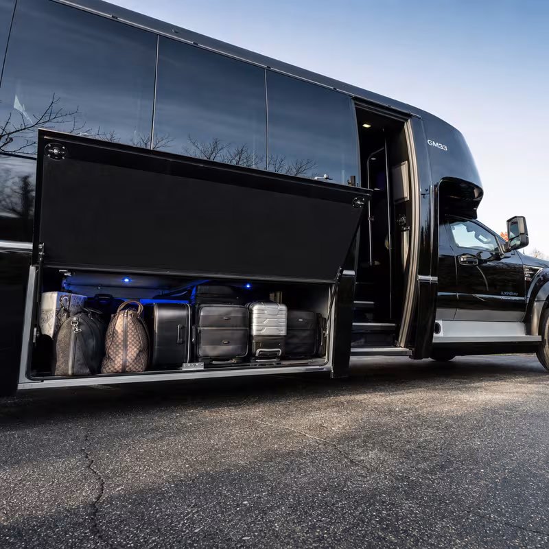 Party bus interior with wraparound leather seating and LED lighting in Boca Raton